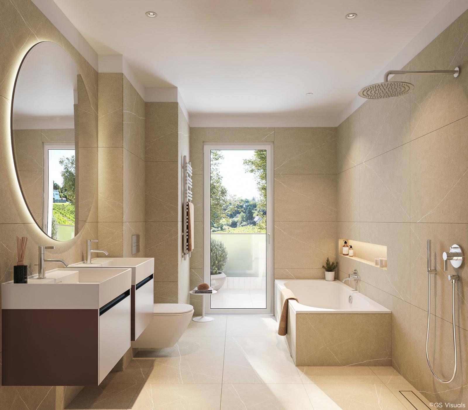 Modernes Badezimmer mit Doppelwaschbecken, Badewanne, Regendusche und Zugang zum Balkon.
