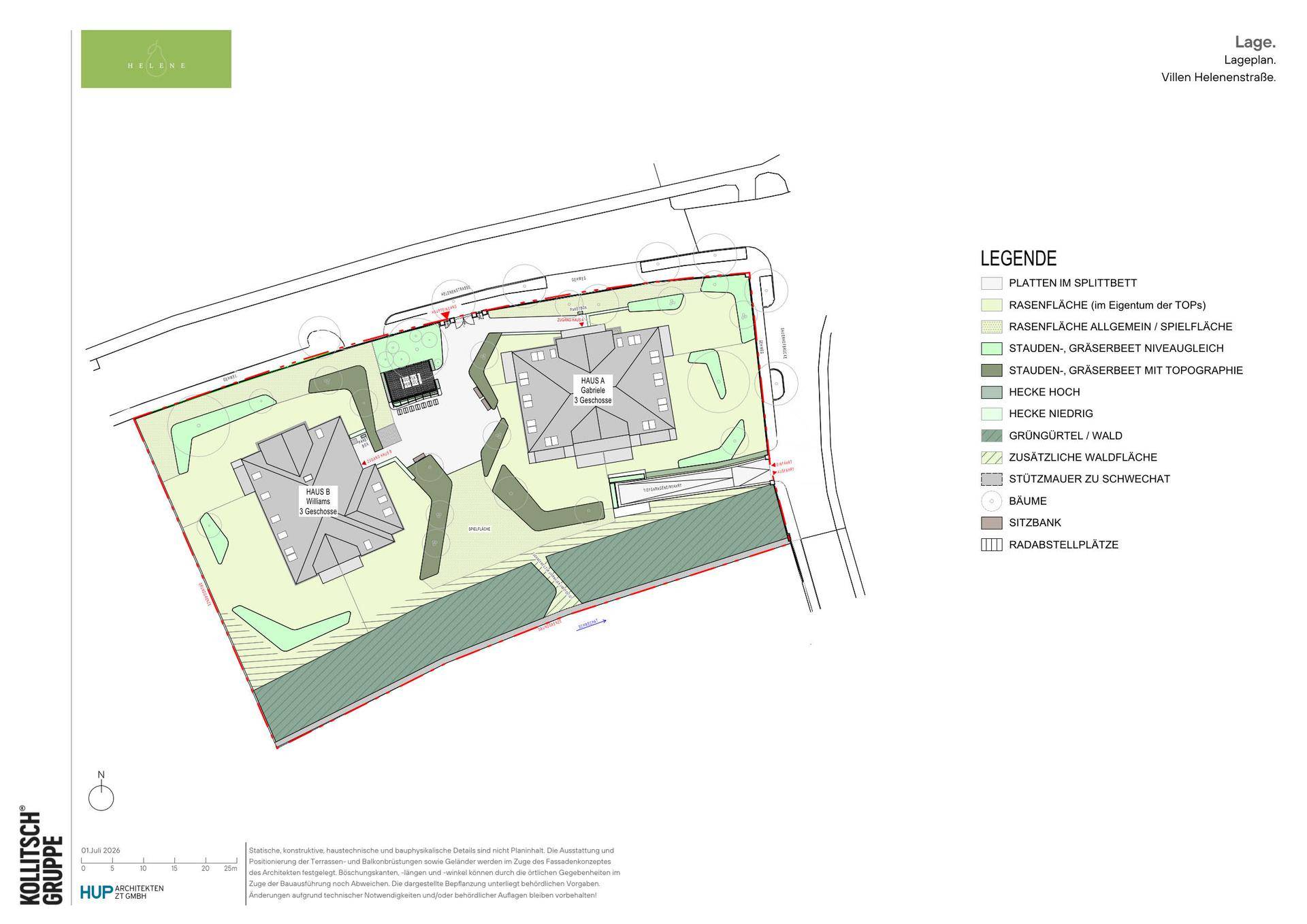 Übersichtlicher Lageplan mit zwei Gebäuden, Grünflächen, Hecken und Parkplätzen.