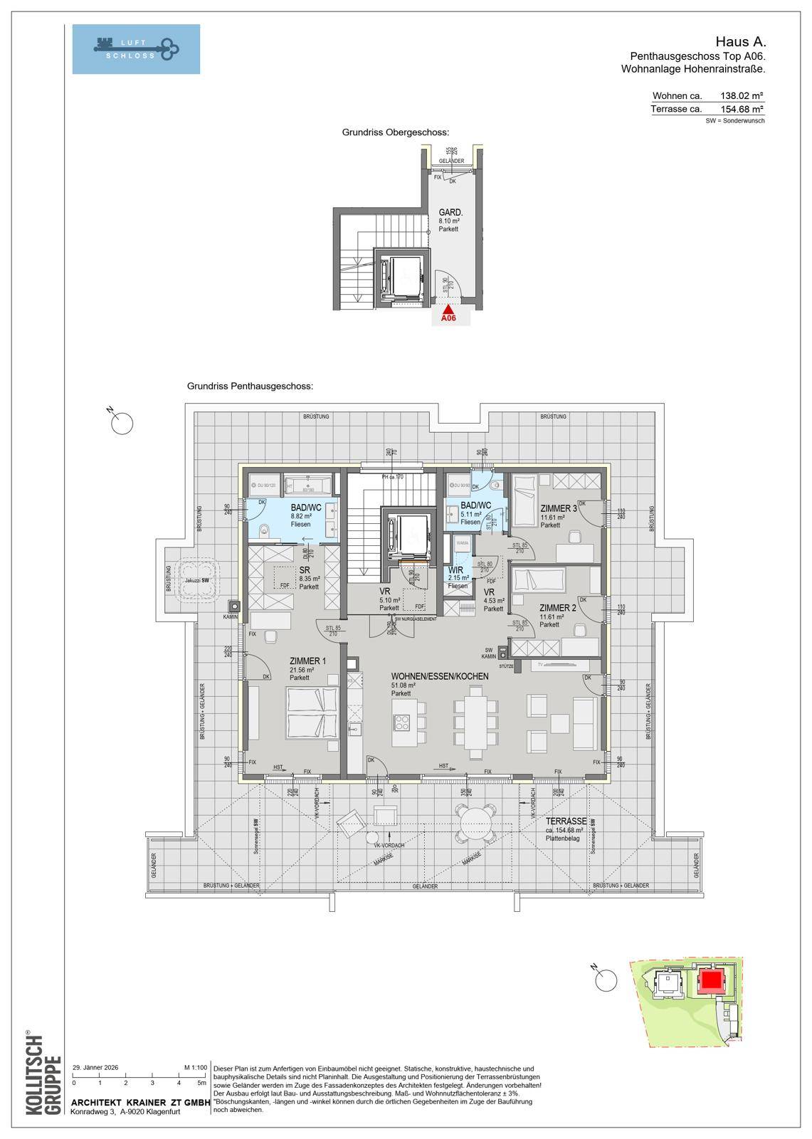 Grundriss eines Penthouse-Apartments mit drei Schlafzimmern, zwei Bädern und großer Terrasse.