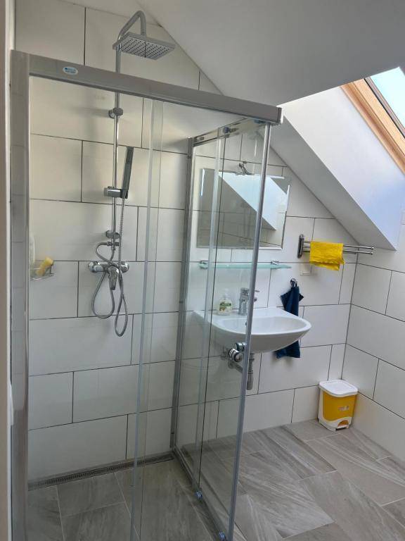 Badezimmer mit begehbarer Dusche, kleinem Waschbecken und Dachfenster in der Dachschräge.