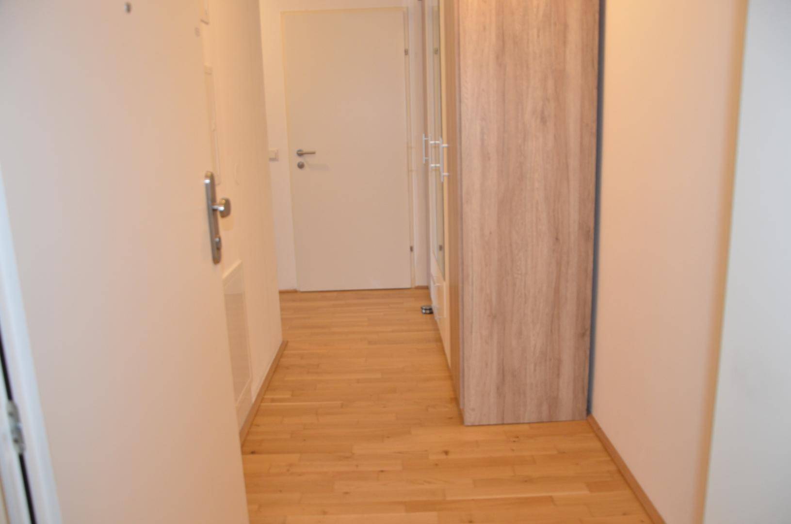 Heller Flur mit Holzparkettboden und einem praktischen Einbauschrank.