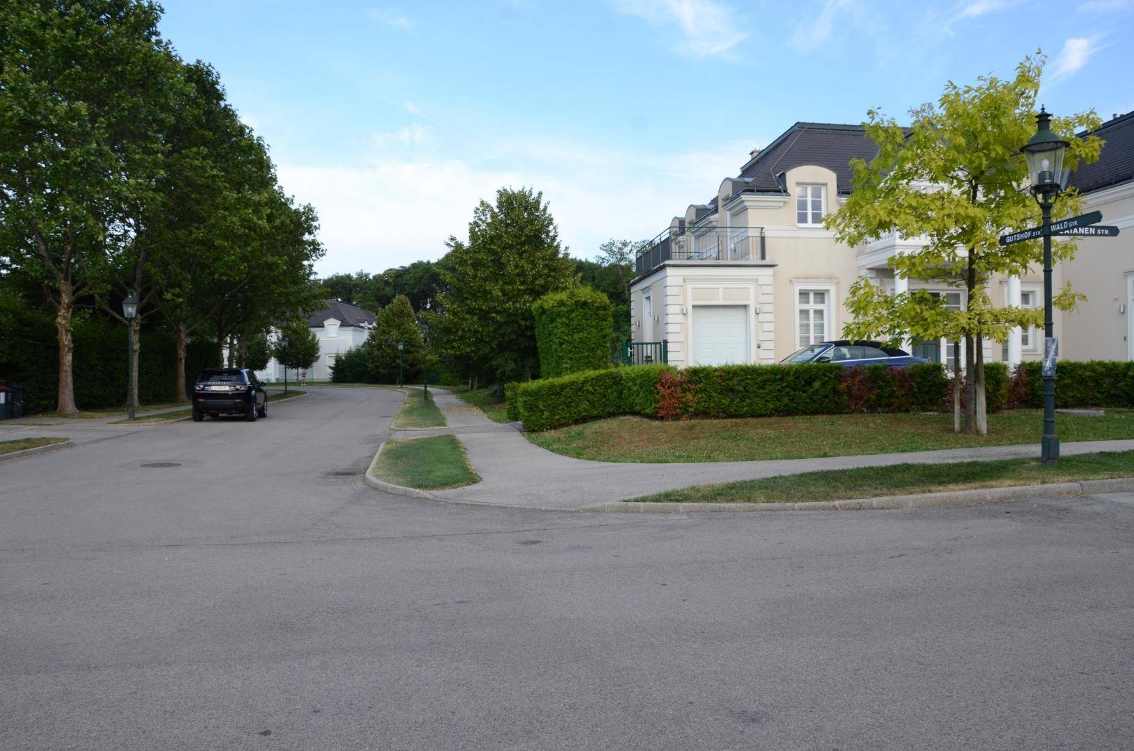 Ruhige Wohnstraße mit gepflegten Häusern, Bäumen und Grünflächen.