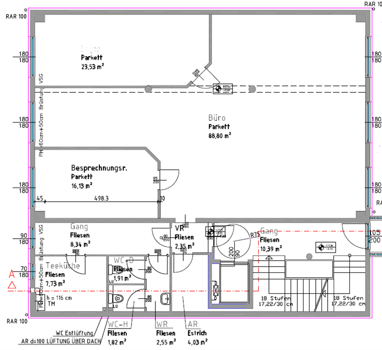 Detaillierter Grundriss mit Büros, Besprechungsraum, Teeküche und Sanitäranlagen auf einer Etage.