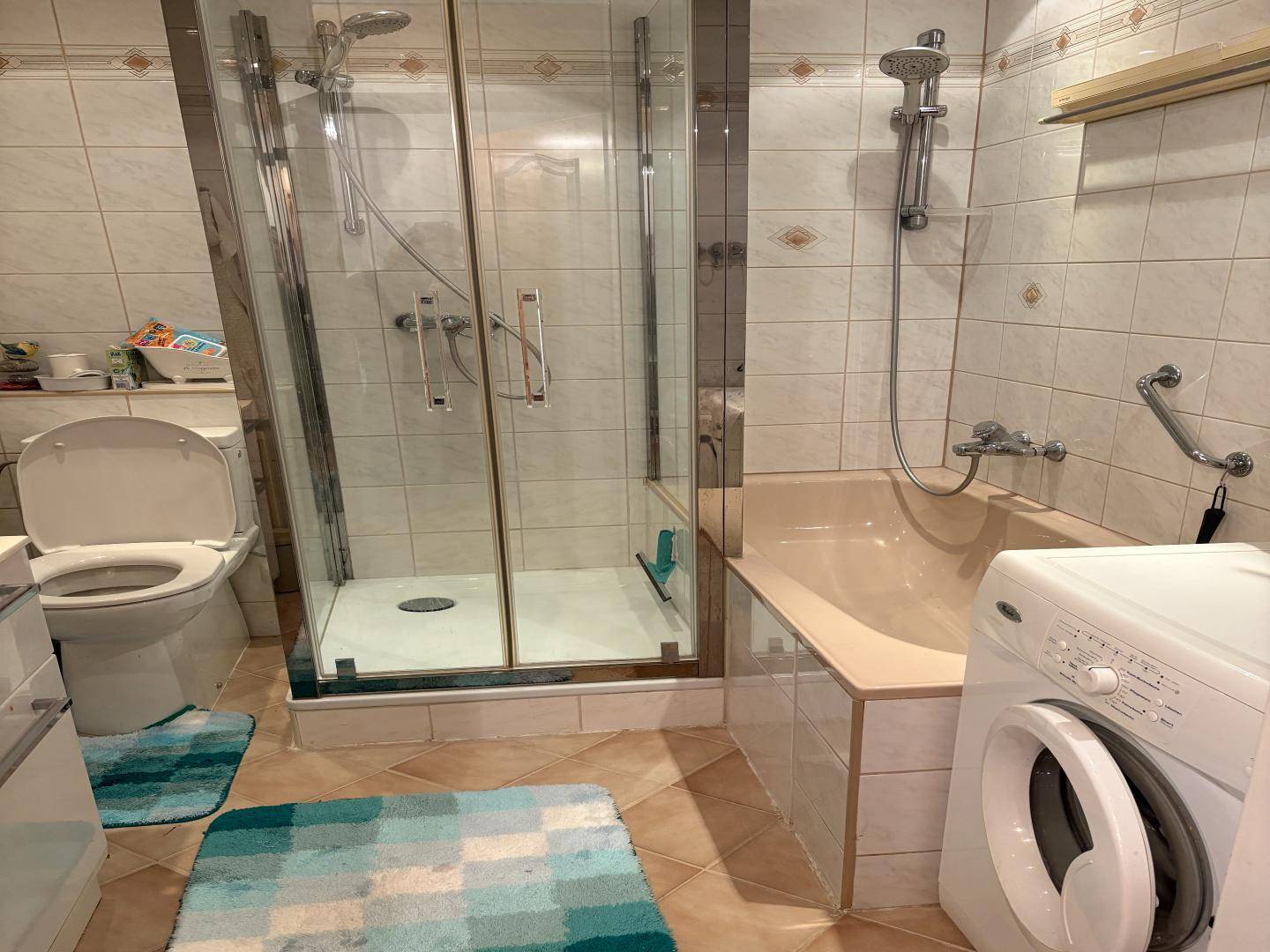 Badezimmer mit Dusche, Badewanne, WC und Waschmaschine.
