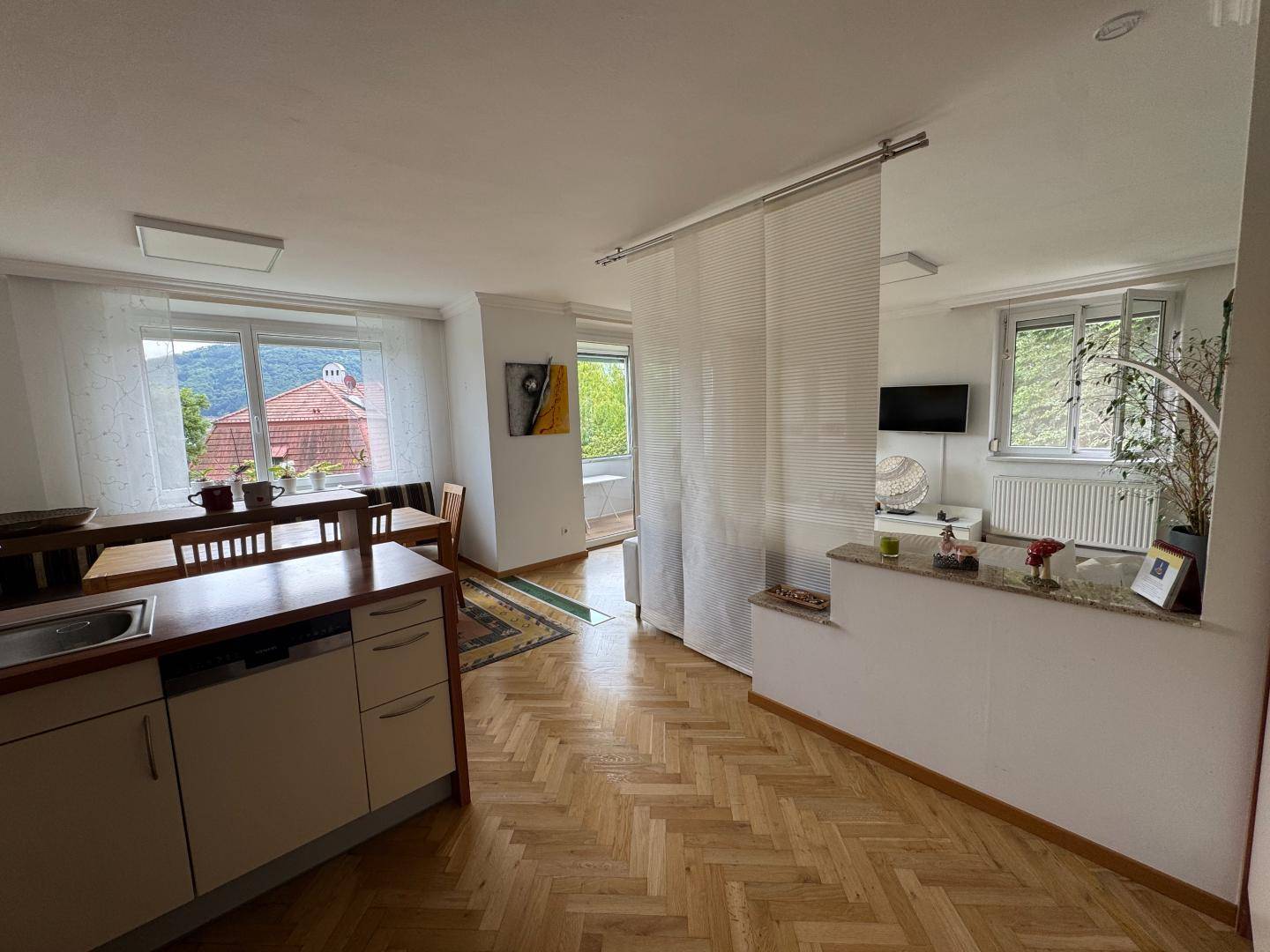 Offener Wohn- und Essbereich mit Küche, Parkettboden und Zugang zu einem Balkon mit grüner Aussicht.