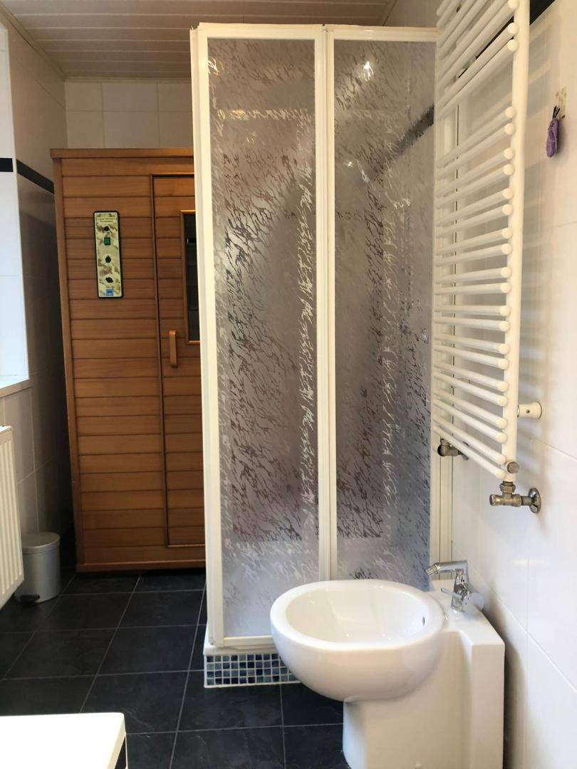 Badezimmer mit integrierter Sauna, Duschkabine, Bidet und beheiztem Handtuchhalter.