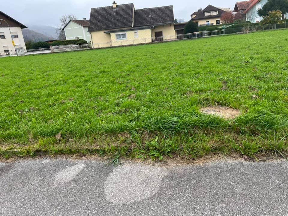 Grüne Wiese mit leichtem Gefälle und Wohnhäusern im Hintergrund unter bewölktem Himmel.