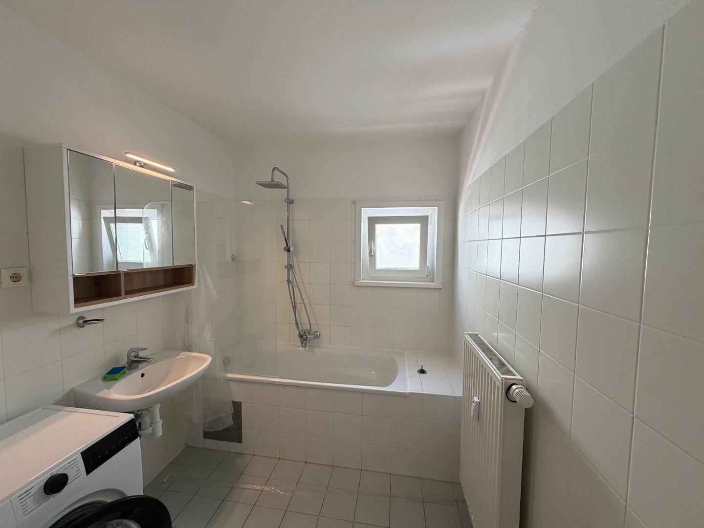 Badezimmer mit Badewanne, Waschbecken, Spiegelschrank und Waschmaschine.