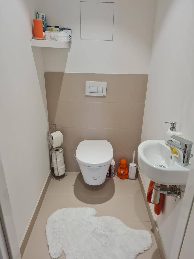 Separates Gäste-WC mit wandhängender Toilette und kleinem Handwaschbecken in modernem Design.