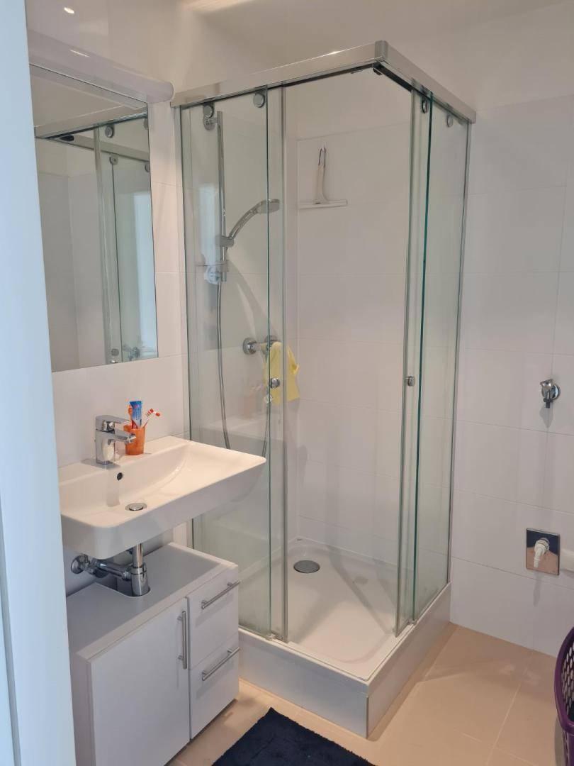 Modernes Badezimmer mit Duschkabine, Waschbecken und Spiegelschrank.