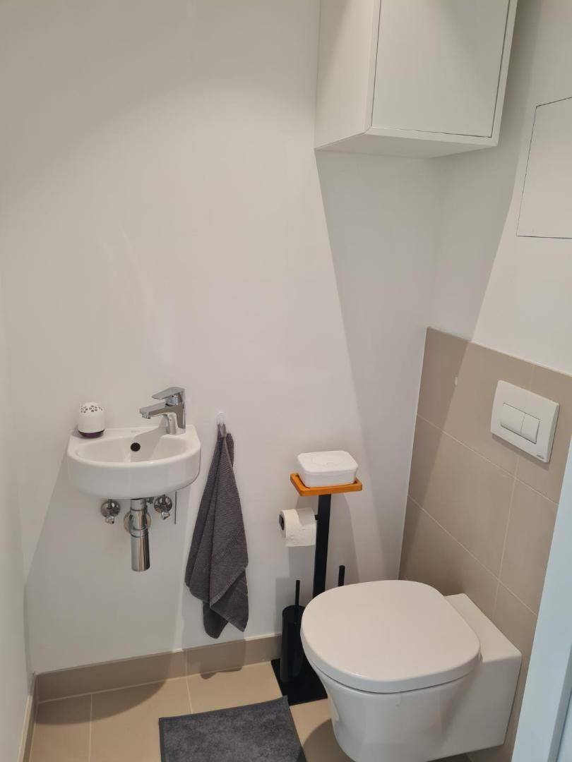 Kleines Gäste-WC mit wandhängendem WC, Handwaschbecken und Ablage.