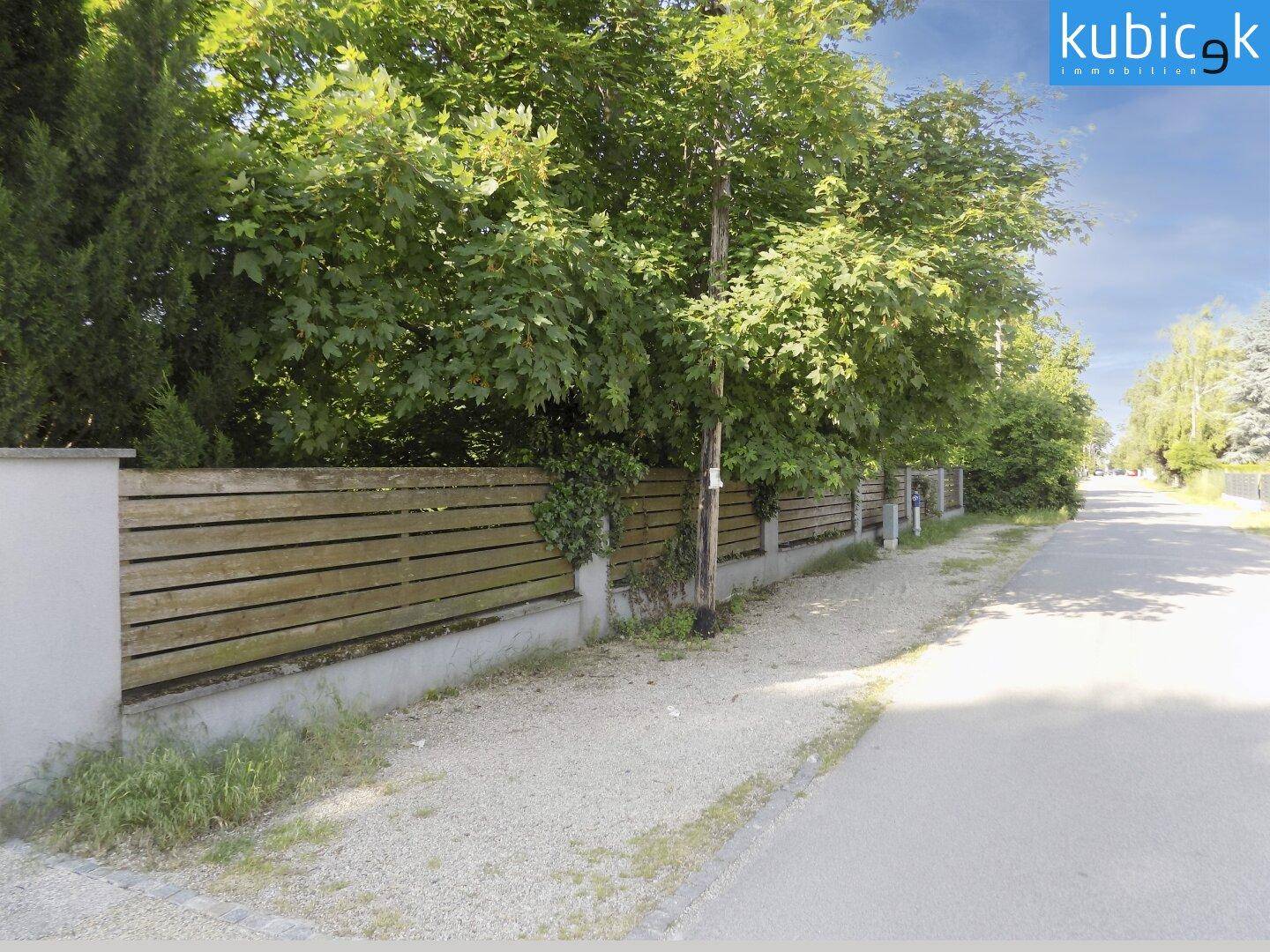 Eine ruhige Straße mit einem Holzzaun und Bäumen säumt das Grundstück in ländlicher Umgebung.