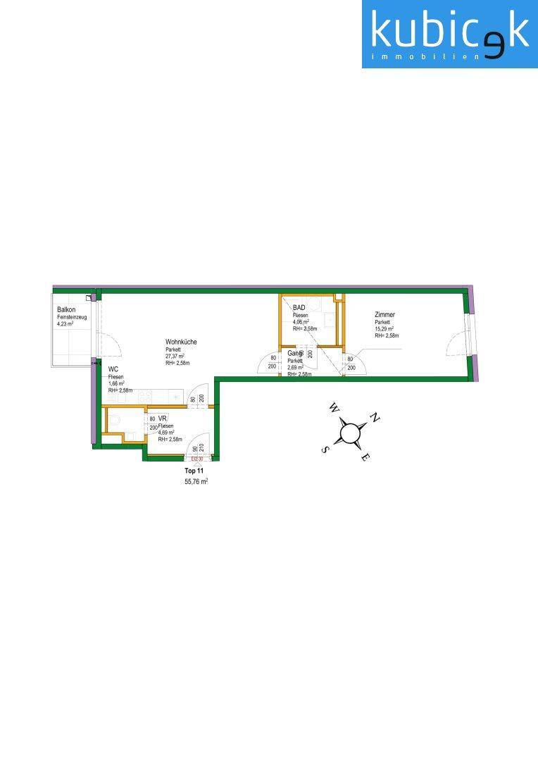 Grundriss der Wohnung Top 11 mit 55,76 m², Balkon, Wohnküche, Bad und WC.
