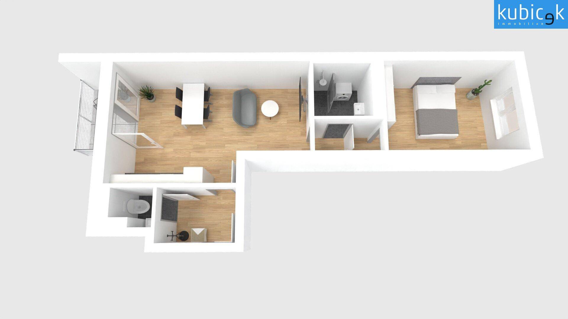 3D-Grundriss einer Wohnung mit offenem Wohnbereich, Schlafzimmer und Balkon.