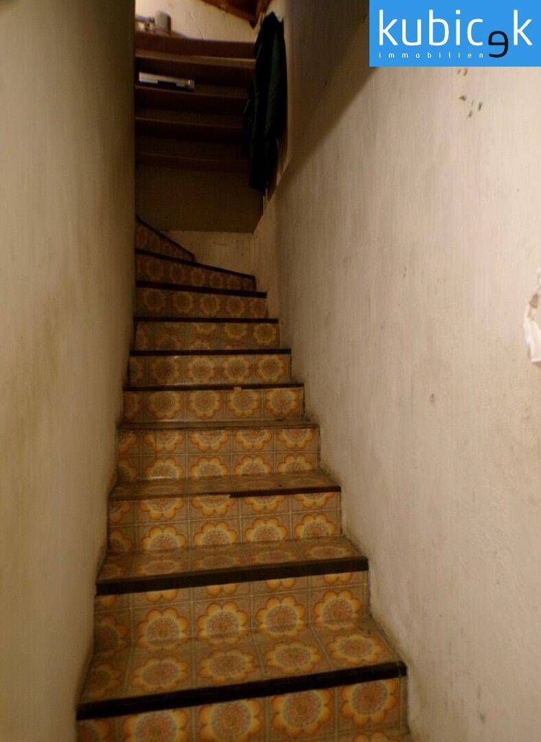 Treppe zum Keller mit gemusterten Fliesen und begrenzter Beleuchtung.