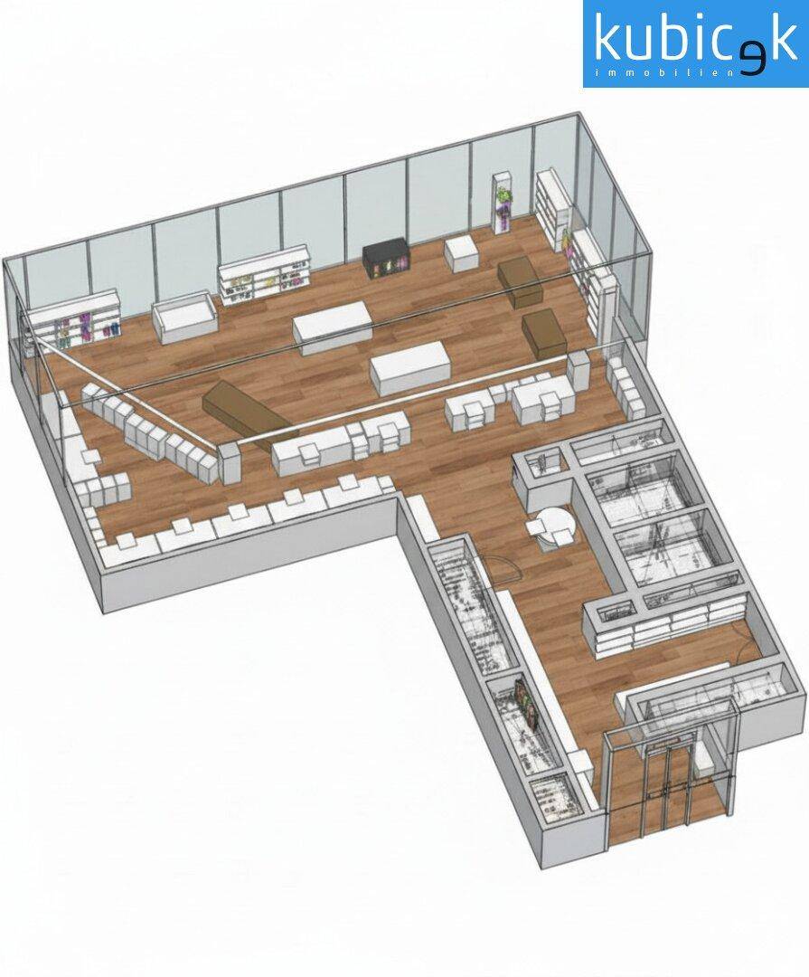 3D-Grundrissvisualisierung eines Ladenlokals mit Regalen, Theken und Lagerbereichen.