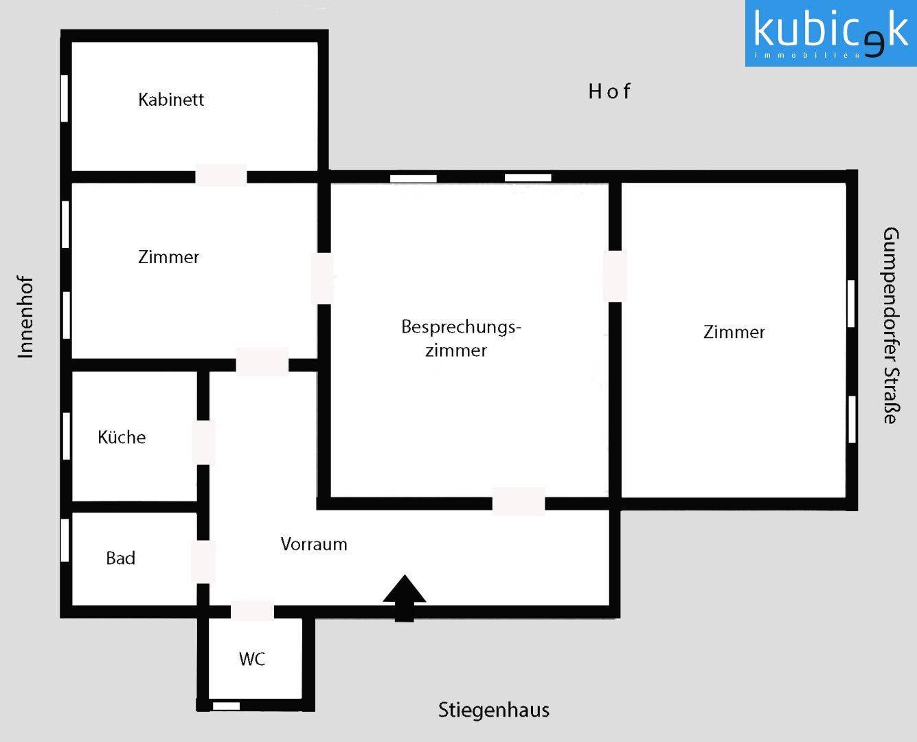 Übersichtlicher Grundriss einer Wohnung mit mehreren Zimmern, Küche, Bad und WC.