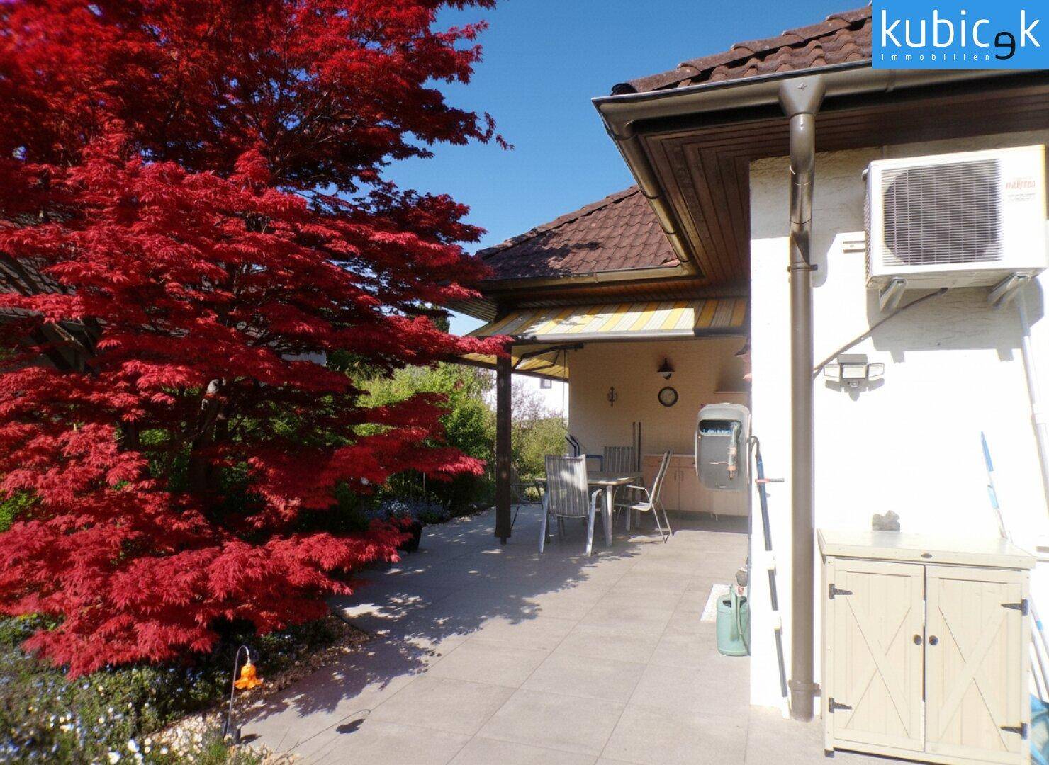 Gepflasterte Terrasse mit Markise, Gartenmöbeln und einem roten Ahornbaum.