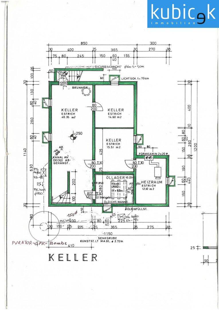 Grundriss des Kellers mit mehreren Kellerräumen, Öllager und Heizraum.