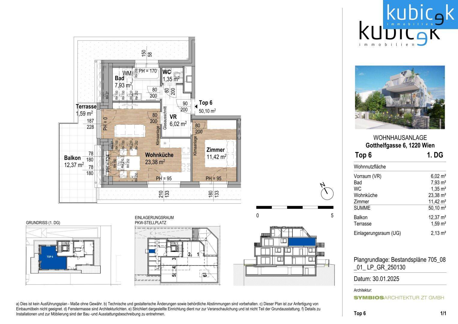 Grundriss der Wohnung Top 6 im ersten Dachgeschoss mit Terrasse und Balkon.