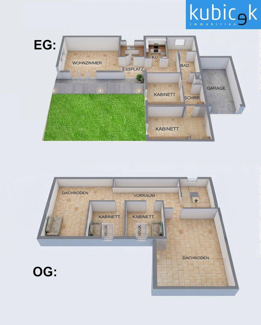 Grundrisspläne für Erdgeschoss und Obergeschoss mit Raumaufteilung.
