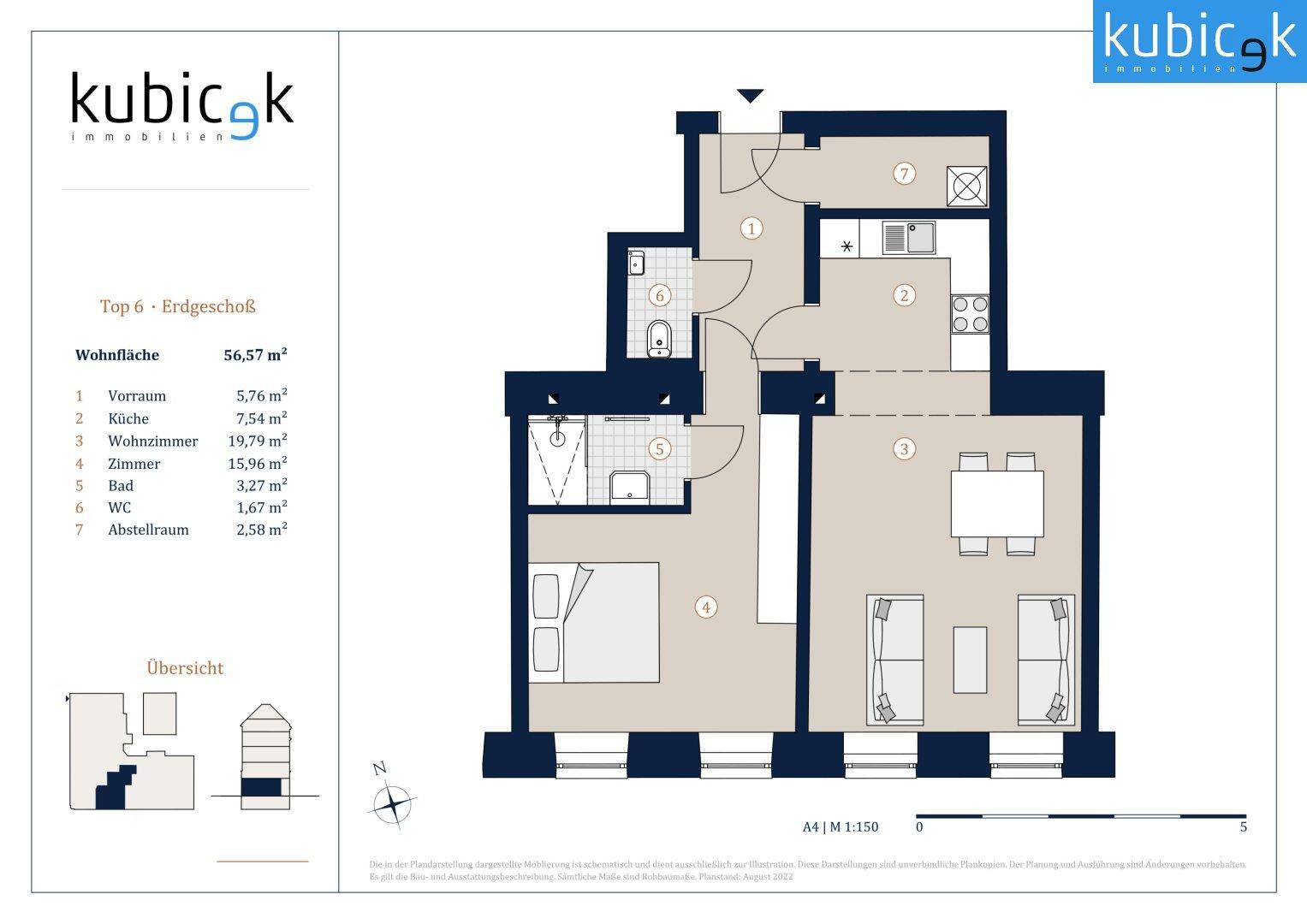 Grundriss einer 56,57 m² großen Wohnung im Erdgeschoss mit drei Zimmern und Balkon.
