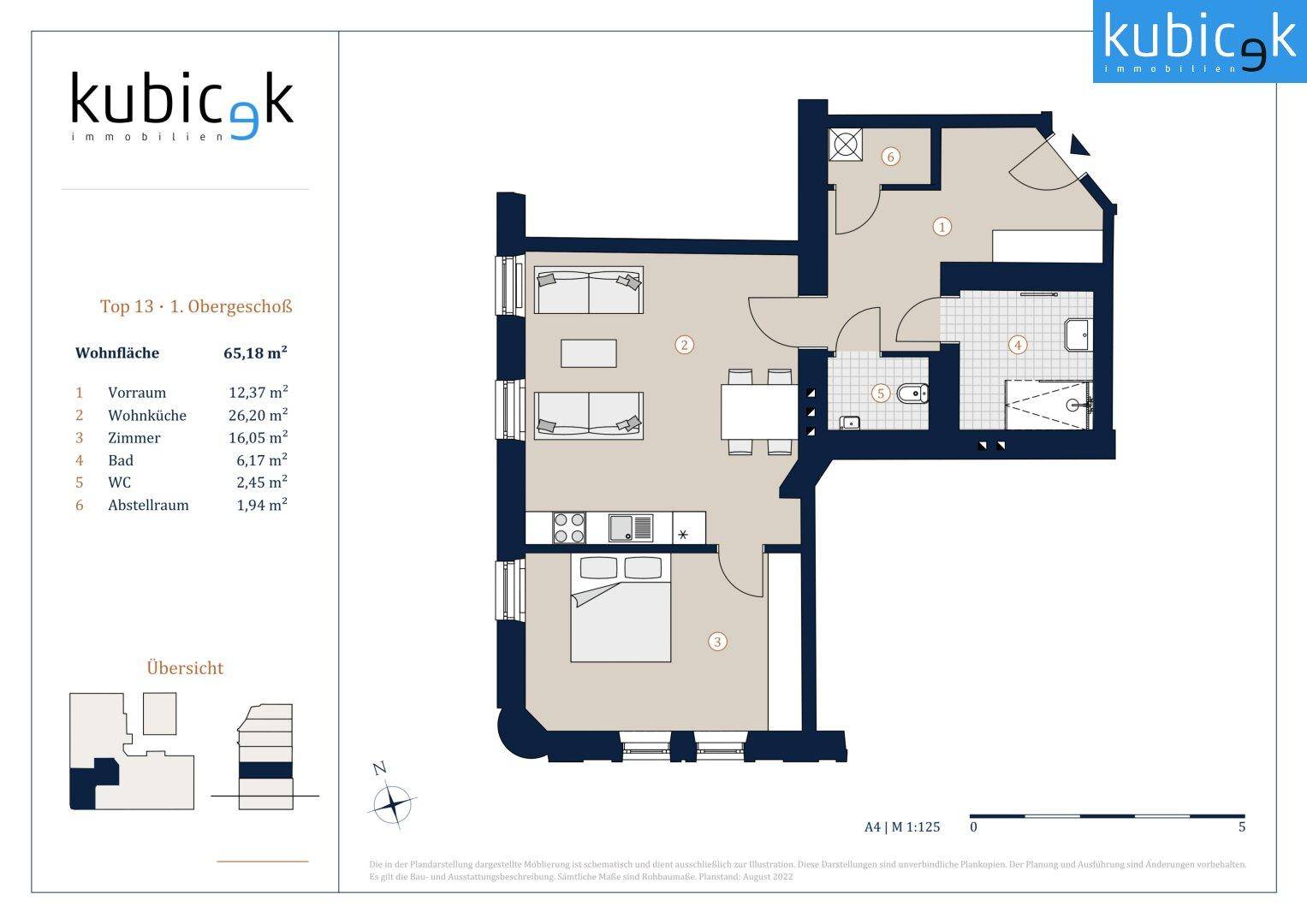Grundriss einer 65,18 m² großen Wohnung mit Wohnküche, Schlafzimmer und Bad.