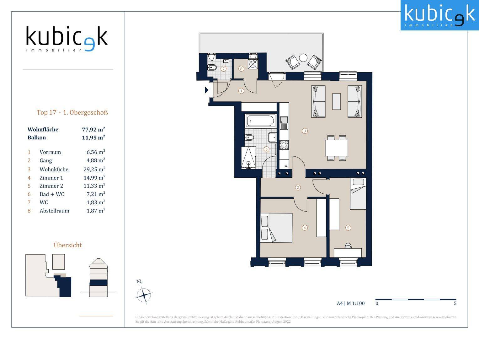 Detaillierter Grundriss einer Wohnung im Obergeschoss mit Balkon und mehreren Zimmern.