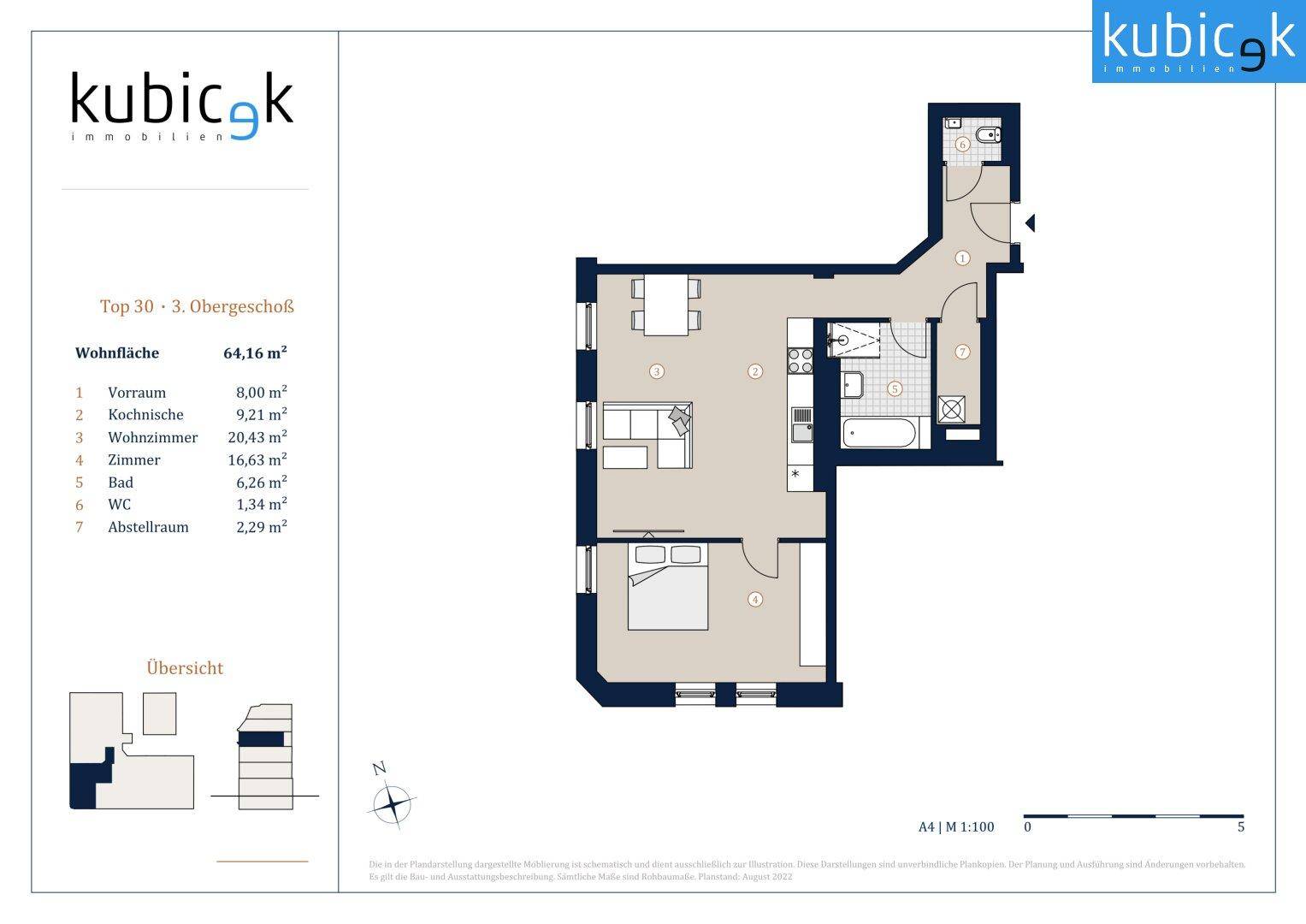 Grundriss einer 64,16 m² großen Wohnung im 3. Obergeschoss mit drei Zimmern und offenem Wohnbereich.