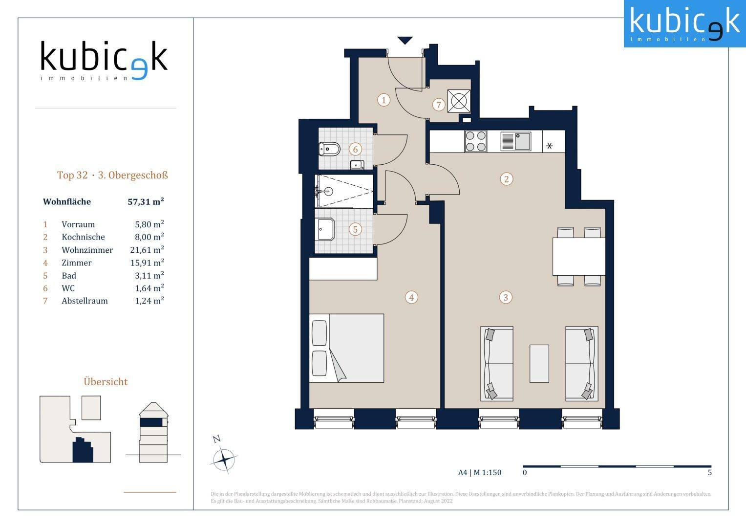 Grundriss einer Wohnung im dritten Obergeschoss mit 57,31 m² Wohnfläche und zwei Zimmern.