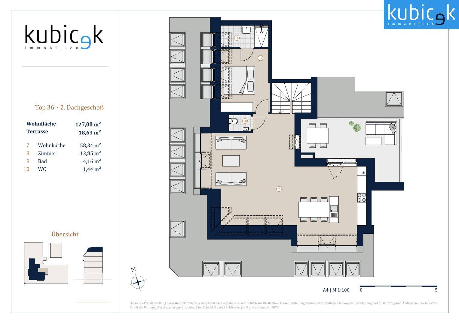 Grundriss des zweiten Dachgeschosses mit offenem Wohnbereich, Küche, Essbereich und großer Terrasse.