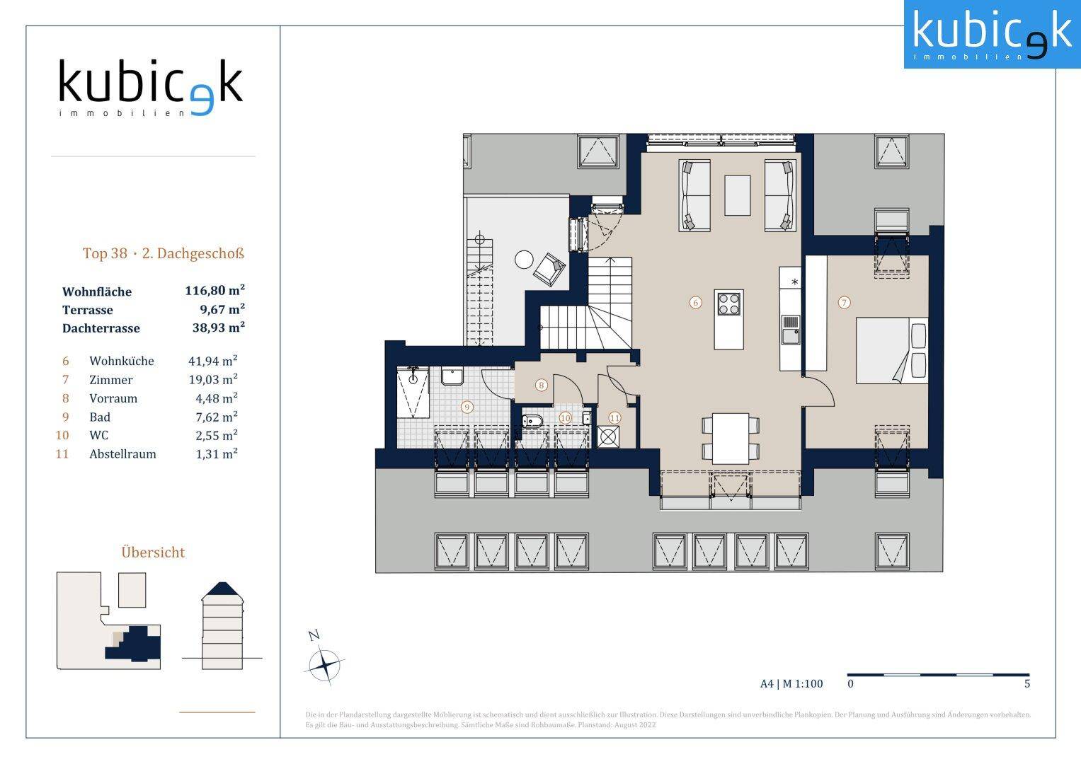 Grundriss des zweiten Dachgeschosses mit offenem Wohnbereich, Küche und Terrasse.