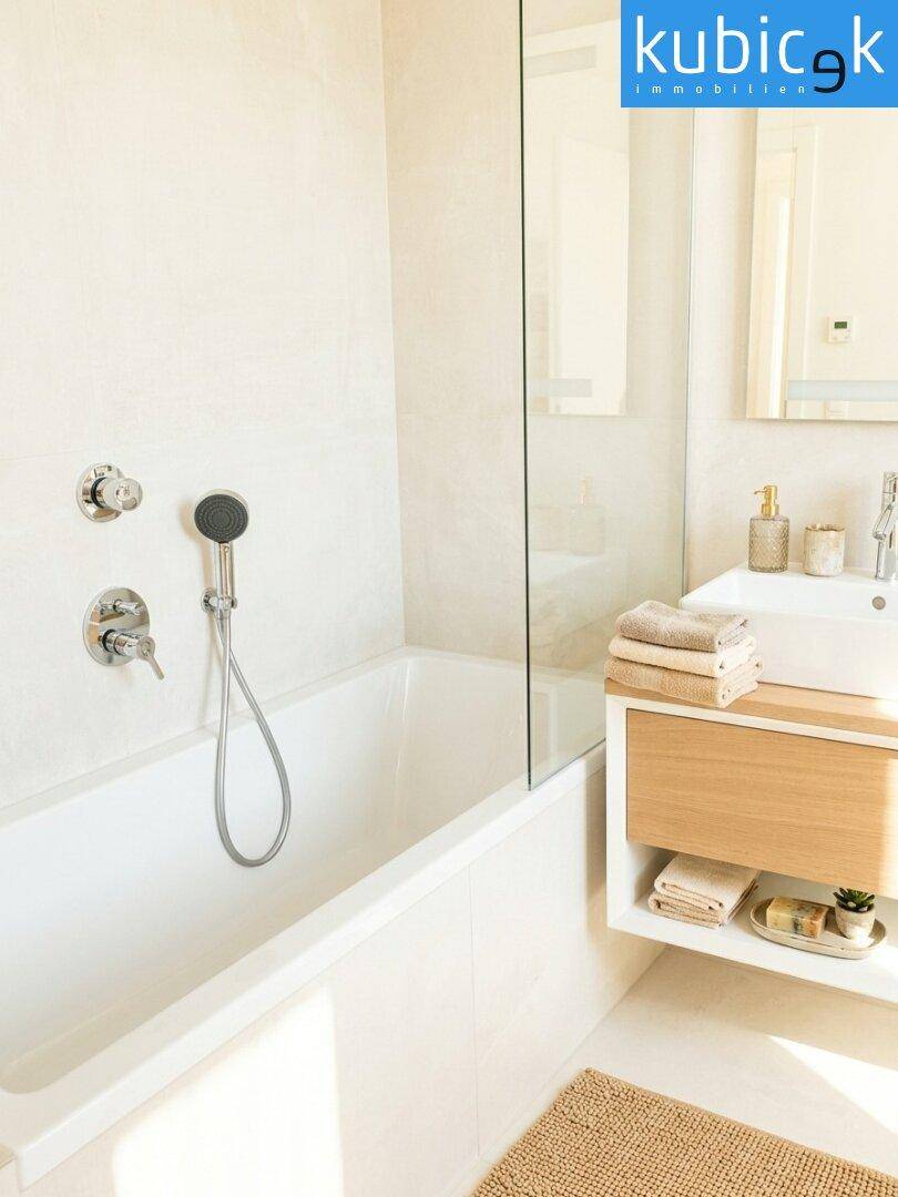 Helles Badezimmer mit Badewanne, Duschabtrennung und modernem Waschtisch mit Holzunterschrank.