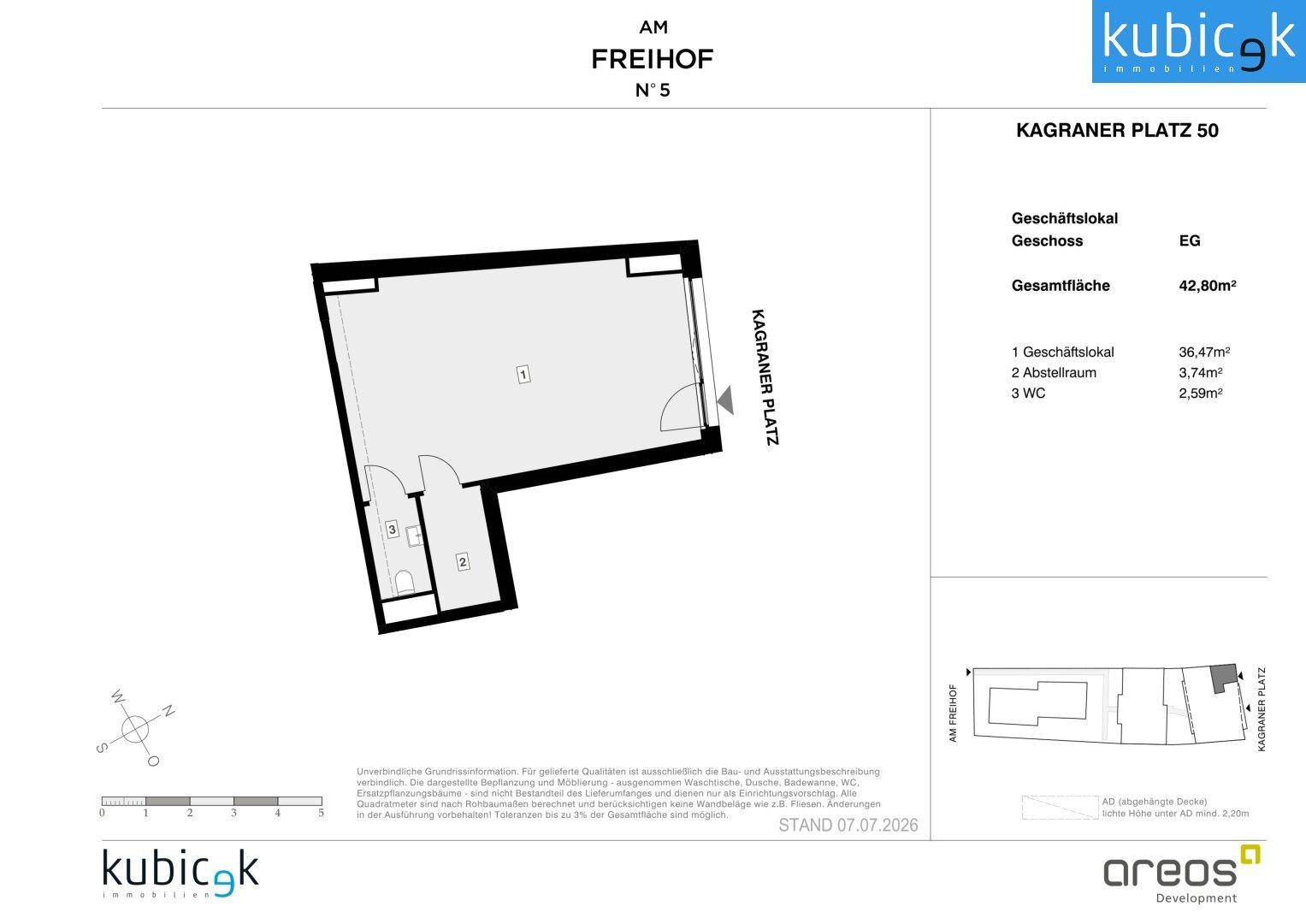 Grundriss eines Geschäftslokals im Erdgeschoss mit einer Gesamtfläche von 42,80 m².