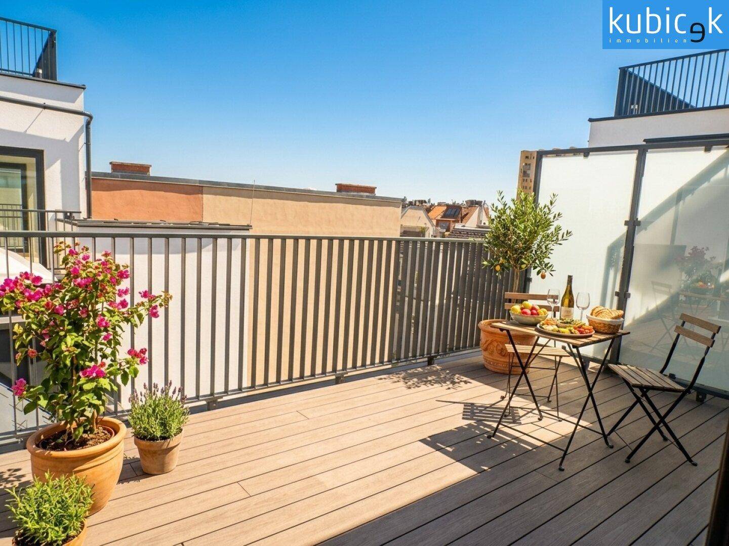 Sonnige Dachterrasse mit Holzboden, Esstisch und Pflanzen, ideal für Mahlzeiten im Freien.