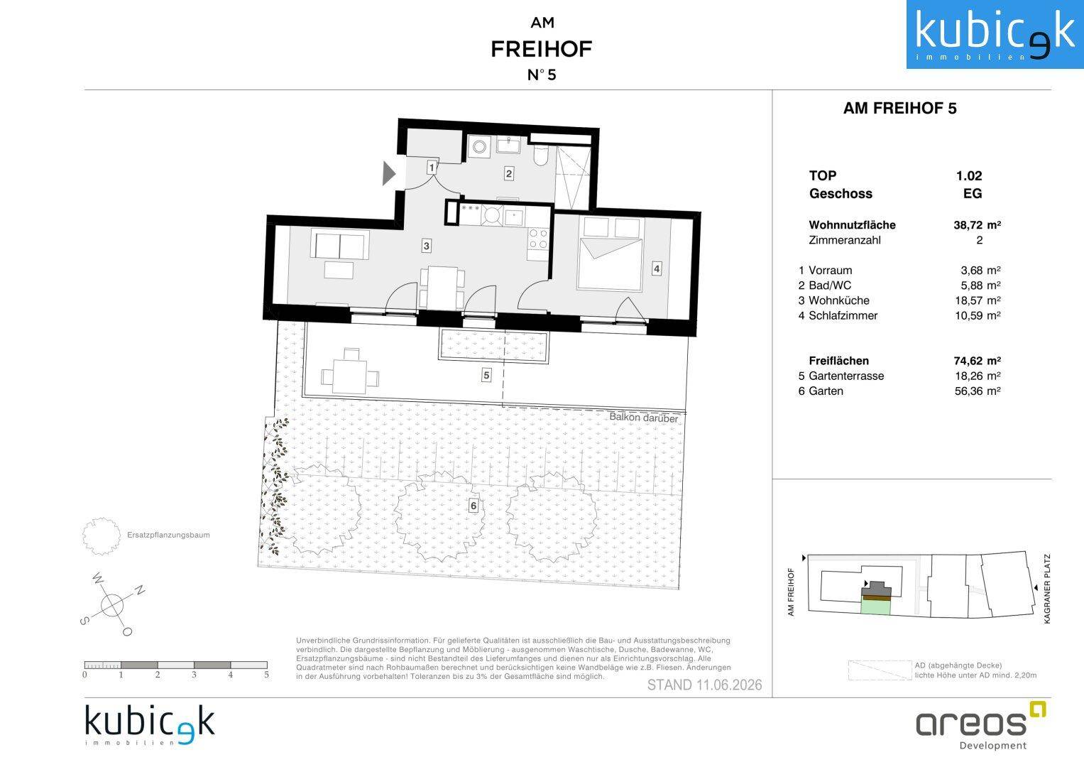 Dieser Grundriss zeigt eine Erdgeschosswohnung mit offenem Wohnbereich, Schlafzimmer und direktem Zugang zu Terrasse und Garten.