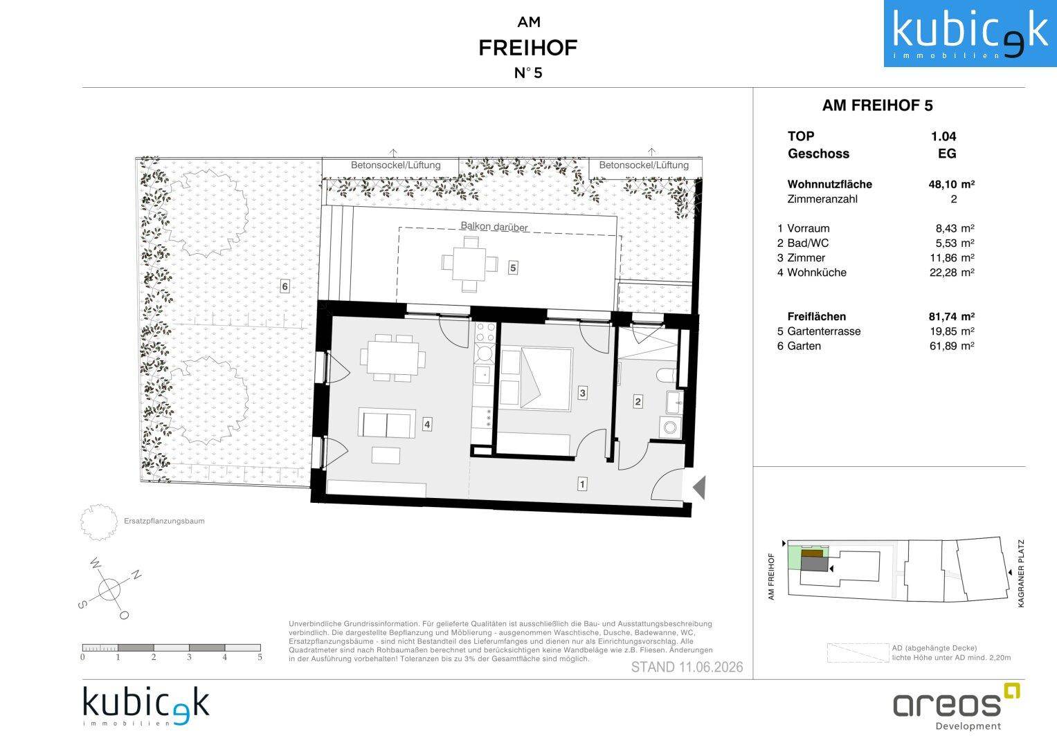 Grundriss einer Erdgeschosswohnung mit offenem Wohnbereich, Schlafzimmer, Bad und Zugang zu Terrasse und Garten.