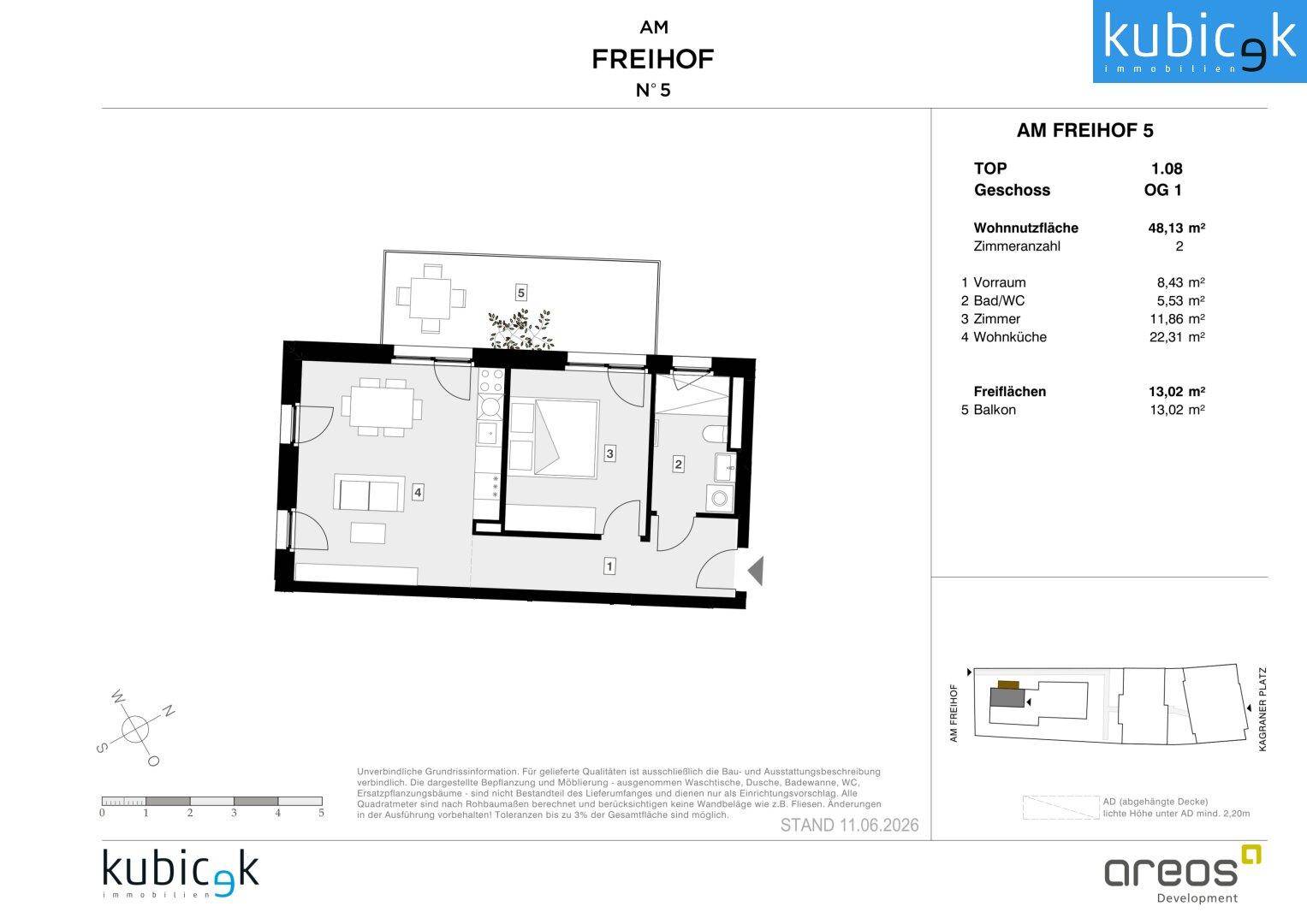 Grundriss einer Zweizimmerwohnung mit offener Wohnküche, einem Schlafzimmer, Bad und Balkon.