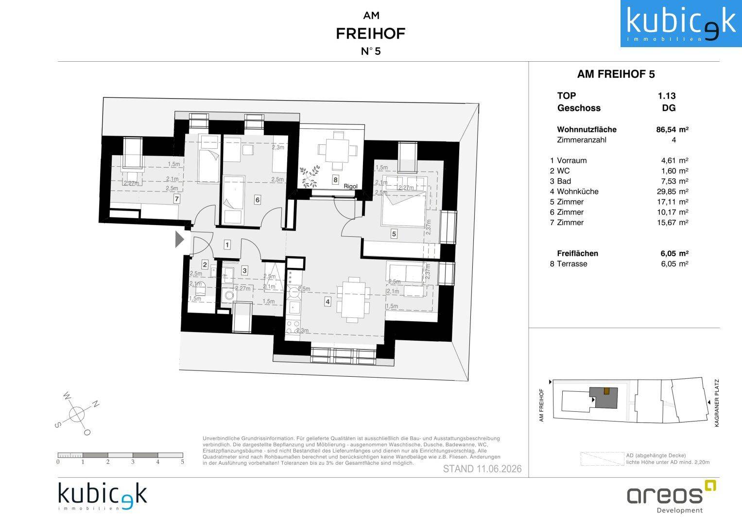 Grundriss einer modernen 4-Zimmer-Wohnung mit offener Wohnküche, drei Schlafzimmern und einer großzügigen Terrasse.