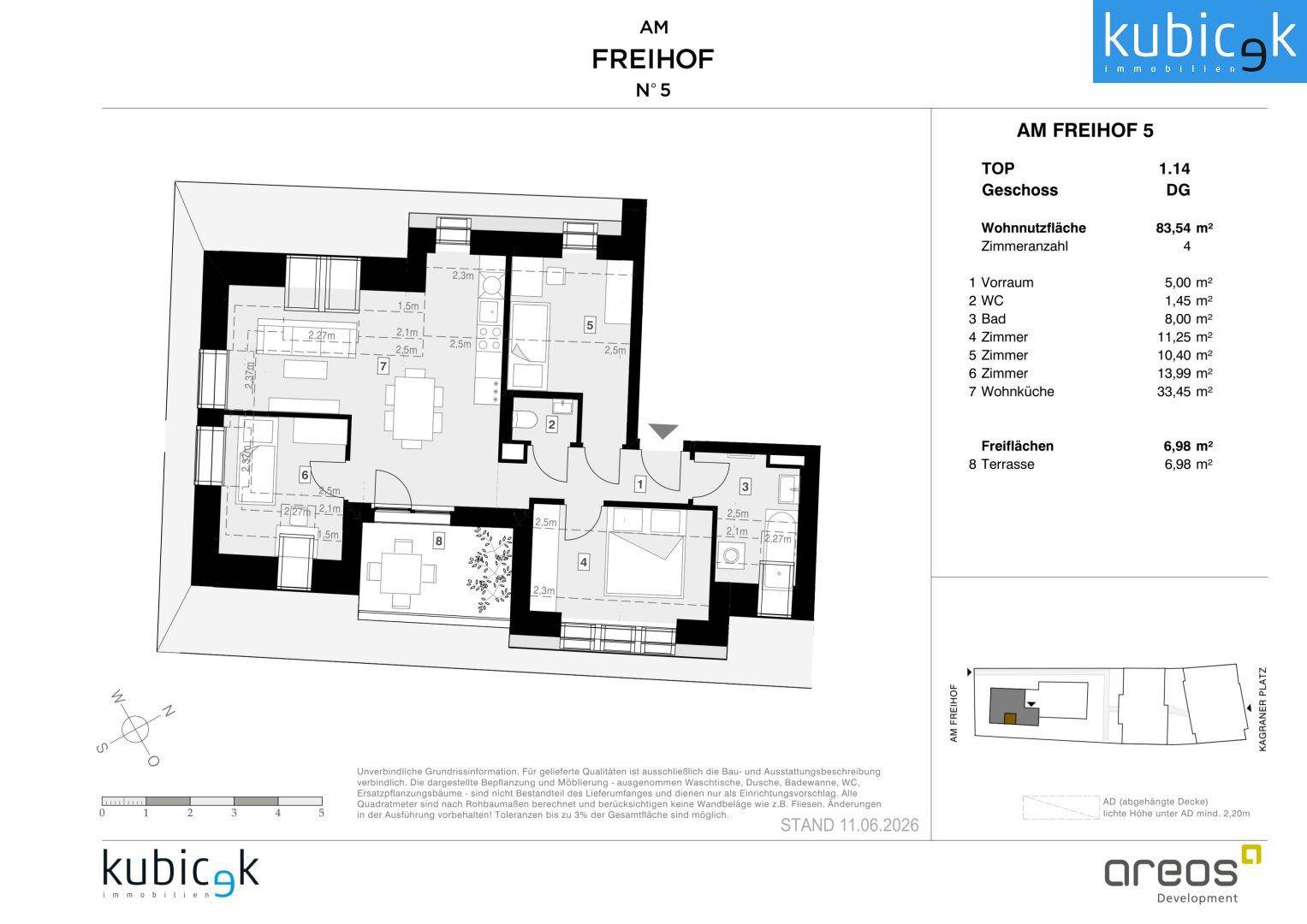 Grundriss einer Dachgeschosswohnung mit offenem Wohn-Essbereich, separatem Bad und WC sowie einer Terrasse.