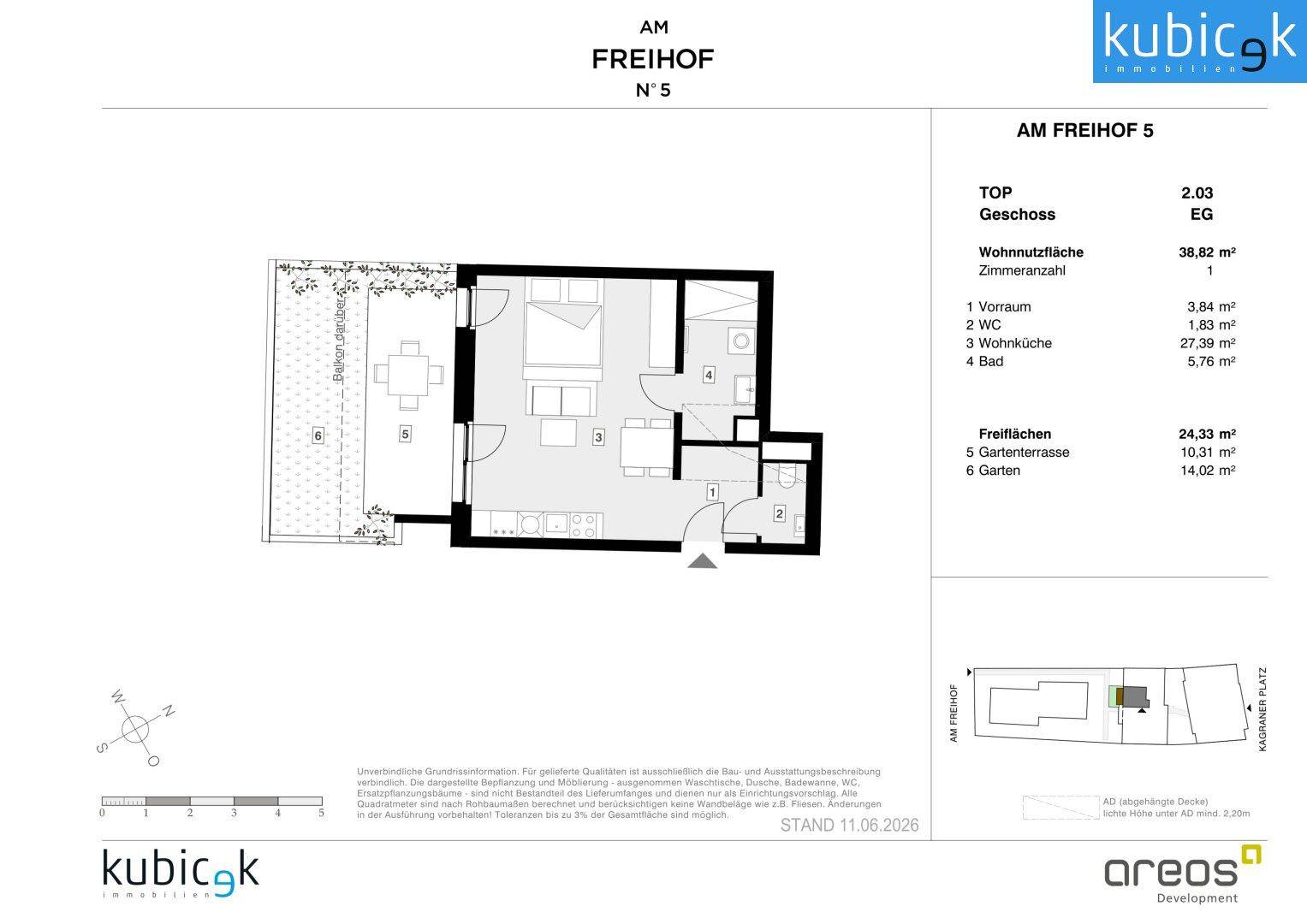 Grundriss einer Erdgeschosswohnung mit offener Wohnküche, Schlafzimmer, Bad, separatem WC, Gartenterrasse und Garten.