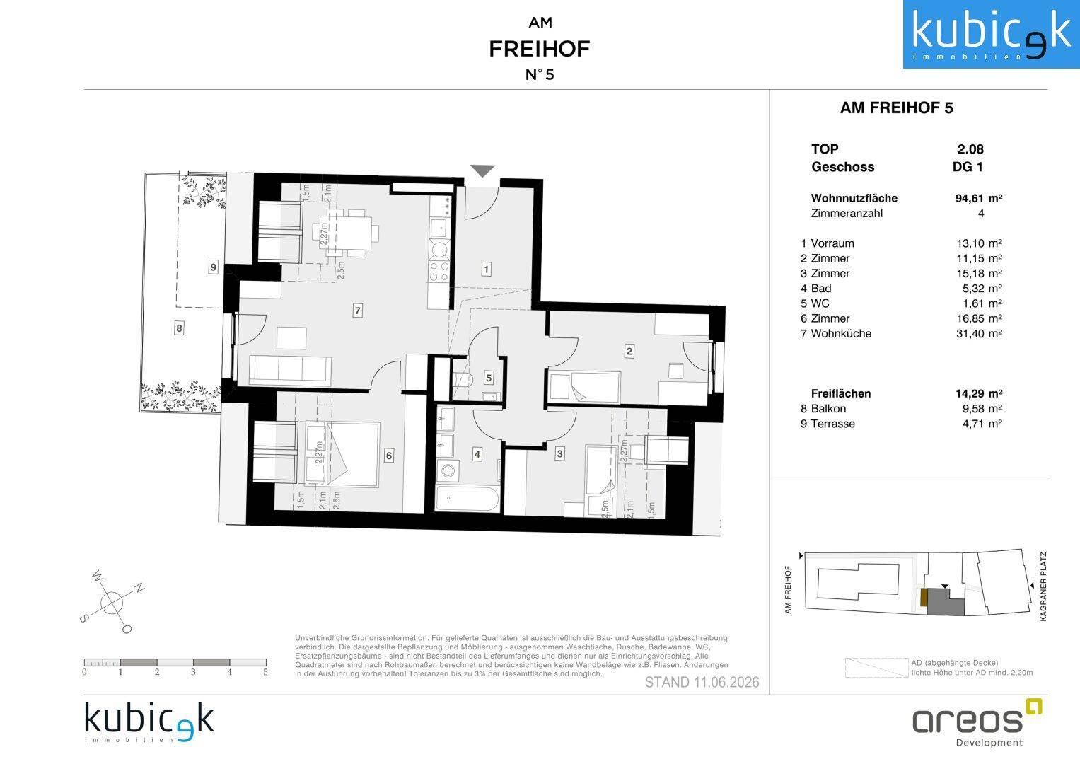 Grundriss einer 4-Zimmer-Wohnung mit offenem Wohnbereich, separatem WC, Balkon und Terrasse.