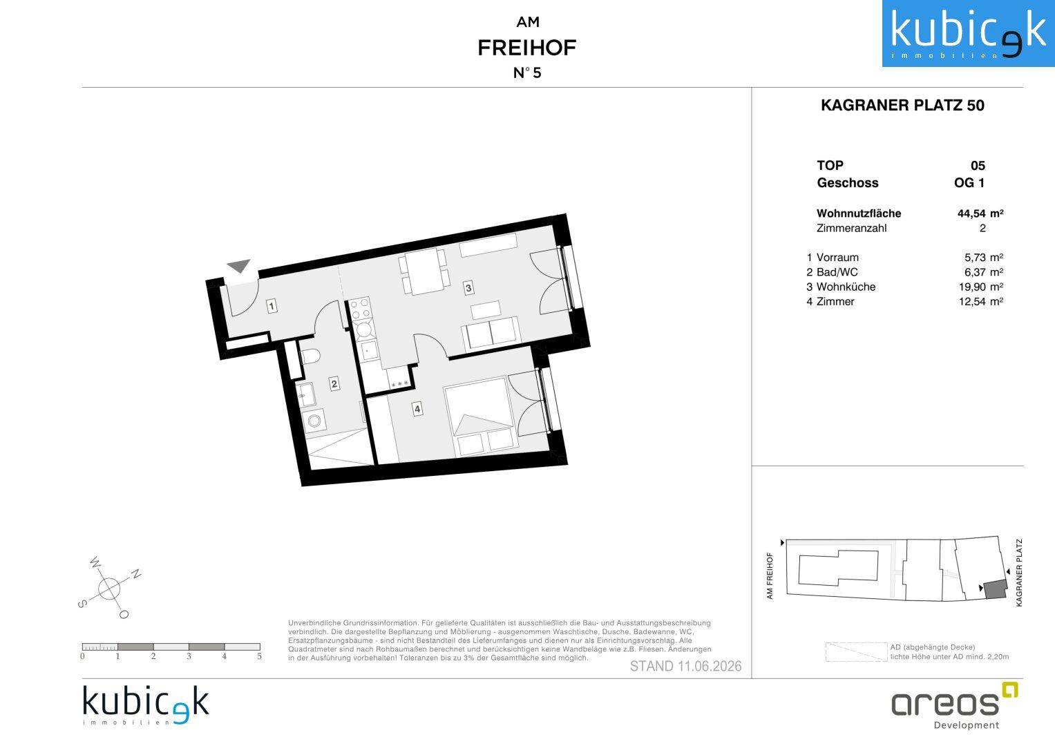 Grundriss einer modernen 2-Zimmer-Wohnung im ersten Obergeschoss mit offener Wohnküche und separatem Schlafzimmer.