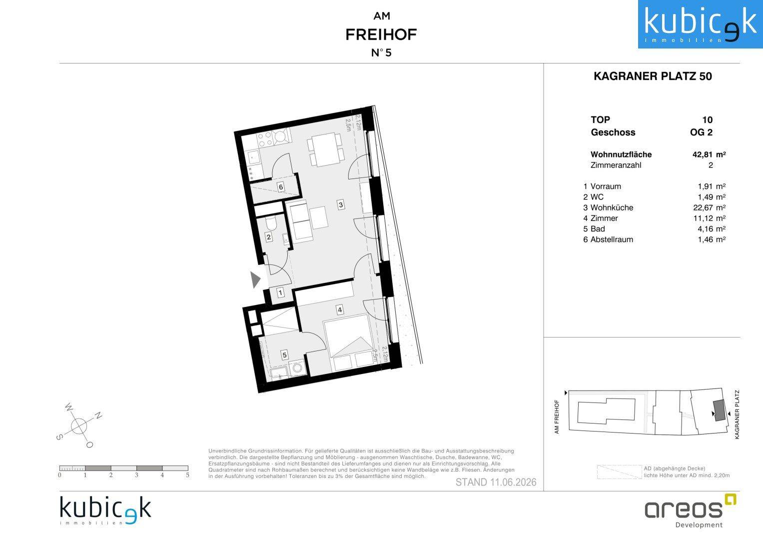Grundriss einer Wohnung im zweiten Obergeschoss mit offener Wohnküche, einem Schlafzimmer und separatem WC.