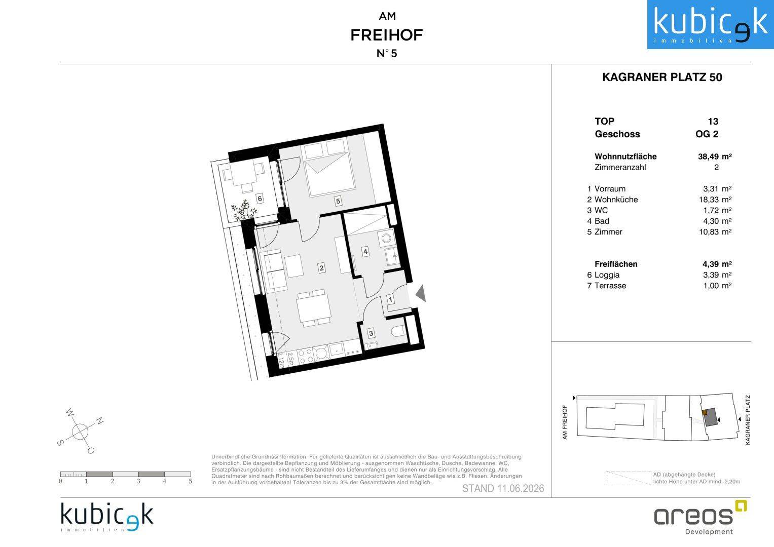 Grundriss einer Wohnung mit offener Wohnküche, einem Schlafzimmer, Bad, separatem WC, Loggia und kleiner Terrasse.