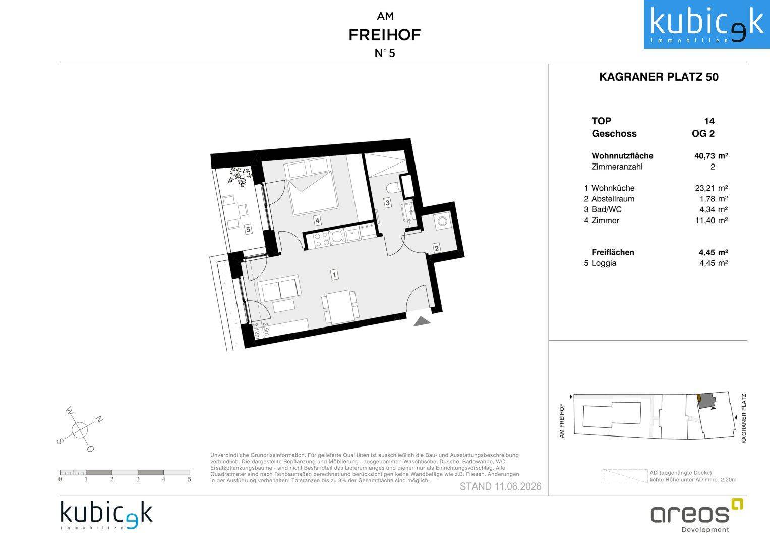 Grundriss einer 2-Zimmer-Wohnung mit offener Wohnküche, Schlafzimmer, Bad und Loggia.
