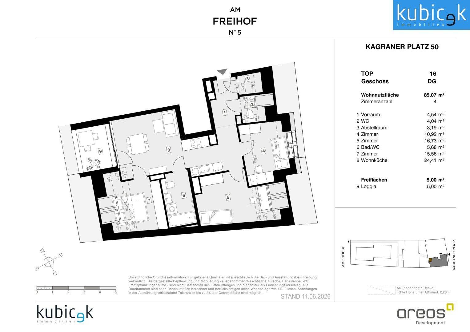 Grundriss einer 4-Zimmer-Wohnung mit 85,07 m² Wohnfläche und einer Loggia.