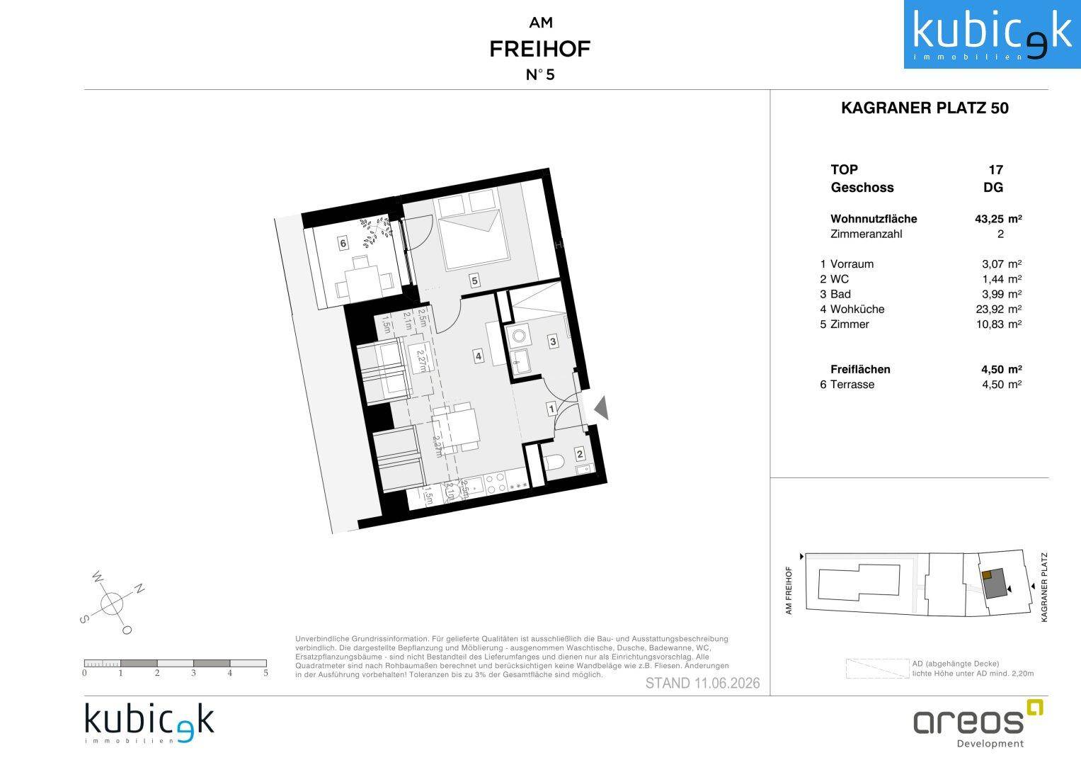 Grundriss einer Dachgeschosswohnung mit offener Wohnküche, separatem WC, Bad und einer Terrasse.