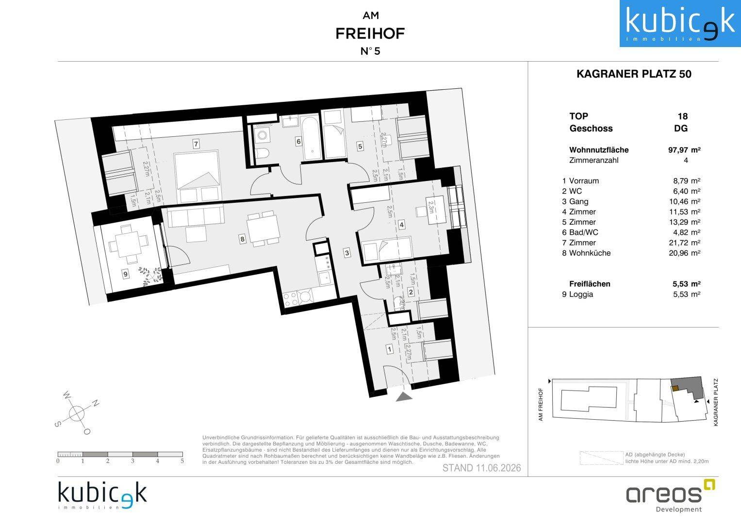 Grundriss einer Wohnung mit offener Wohnküche, mehreren Zimmern, zwei Bädern und einer Loggia.