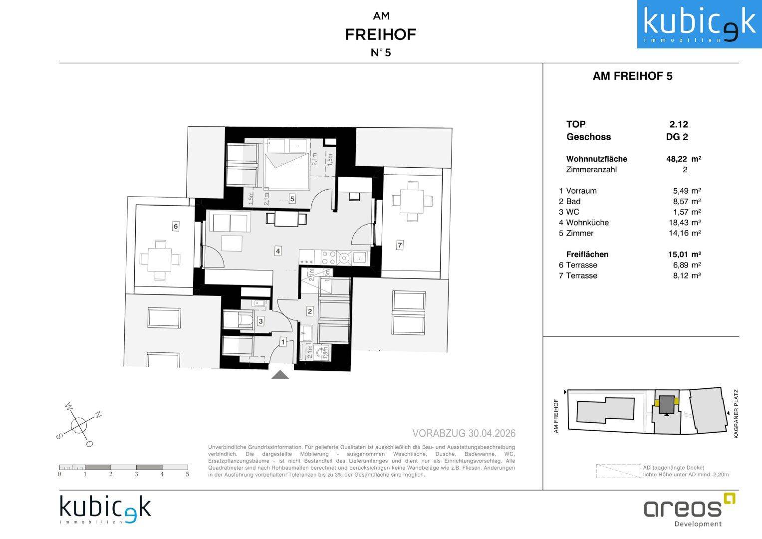 Detaillierter Grundriss einer modernen Wohnung mit offenem Wohnbereich und zwei Terrassen.